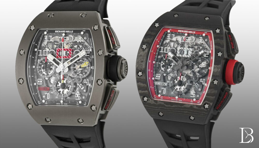 Richard Mille Felipe Massa RM011 Flyback Chronographs in both titalyt (left) and carbon (right). Photo credit: Luxury Bazaar